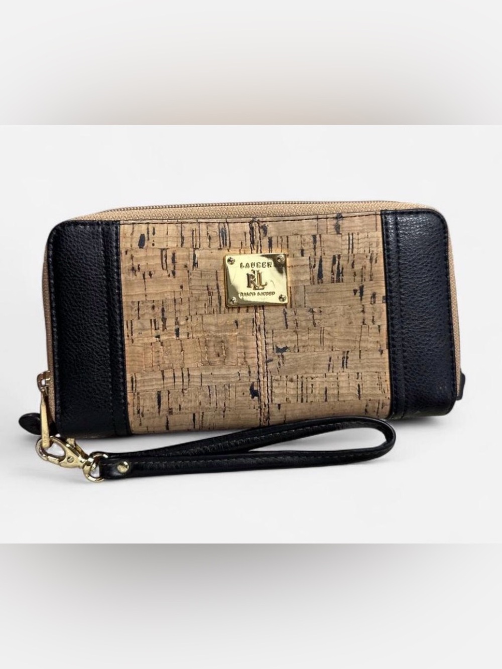 Lauren Ralph Lauren Black and Cork-Textured Wristlet